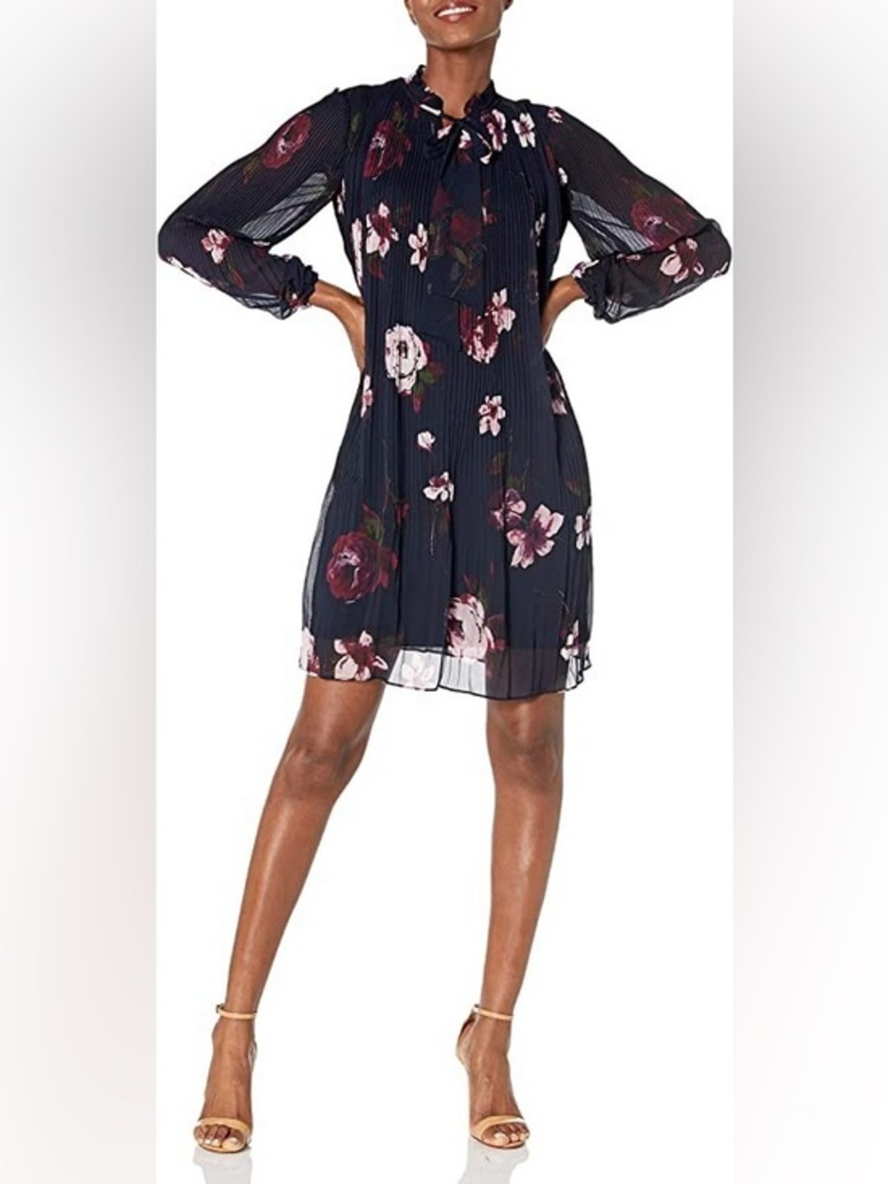 DKNY Navy Floral Tie-Neck Pleated Mini Dress